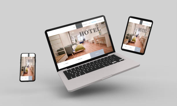istock Flying Laptop, mobile and tablet 3d rendering showing hotel responsive web design .3d illustration 1253711861