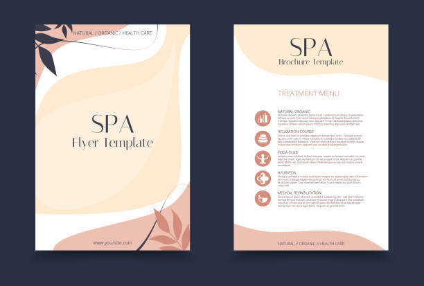 Minimalistic spa and healthcare design brochure. Minimalistic spa and healthcare design brochure. Flyer template with elements of medicine, spa, ayurveda, yoga and natural organic topics. massage poster stock illustrations