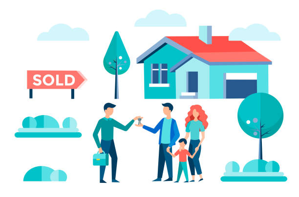 agent nieruchomości przekazuje klucze właścicielom pięknego prywatnego domu na przedmieściach - real estate real estate agent house family stock illustrations