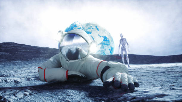 istock Astronaut on the moon with alien. 3d rendering. 1253716324