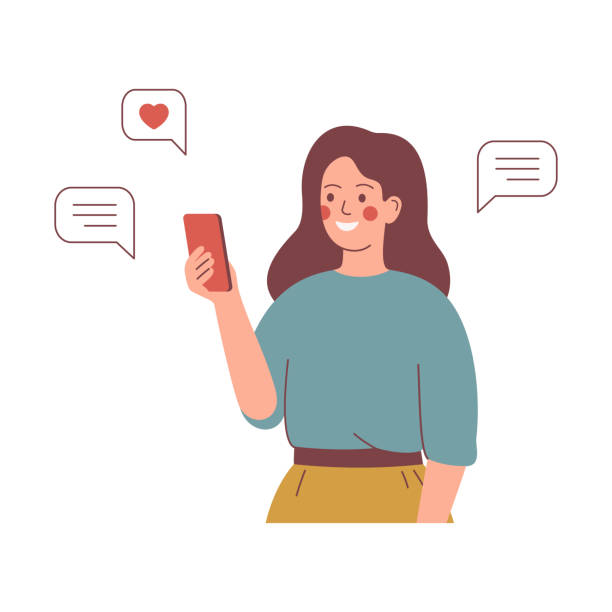 Smiling girl sends messages via smartphone. Young happy woman uses a mobile phone for texting. Smiling girl sends messages via smartphone. Young happy woman uses a mobile phone for texting. Mobile internet communication, social media chatting, instant messaging. Vector illustration. girl texting on phone stock illustrations