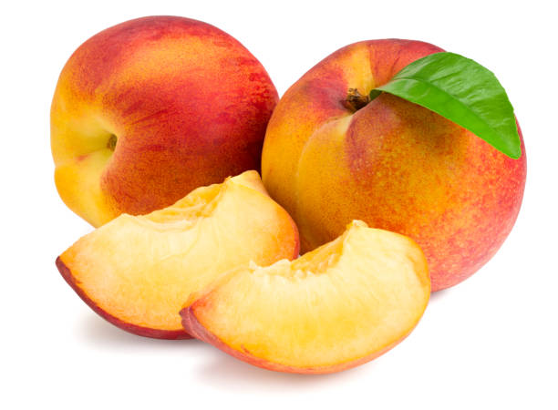 istock peach fruit with green leaf and slice isolated on white background 1253717051
