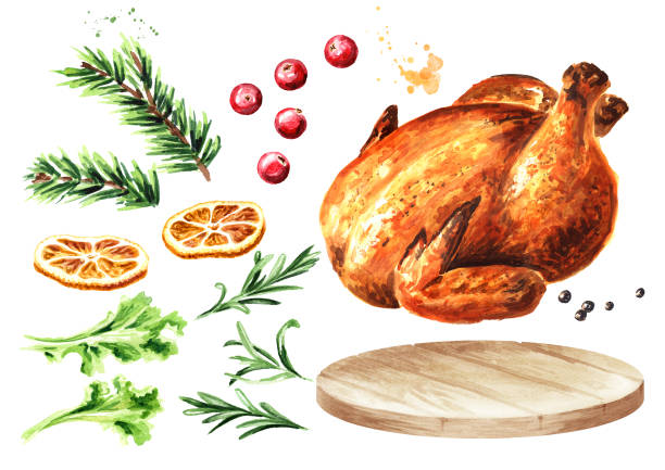 장식 세트와 전통적인 구운 터키, 손으로 그린 수채화 일러스트, 흰색 배경에 고립 - cooked chicken sketching roasted stock illustrations