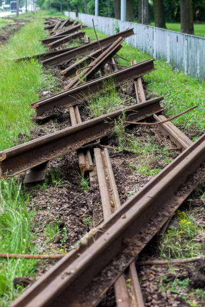 istock Liquidation of old rusty tram tracks, replacement for modern ones 1253718336