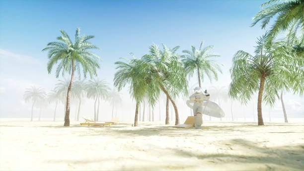 Funny astronaut dancing on sunny seaside. Tourism and rest concept. 3d rendering
