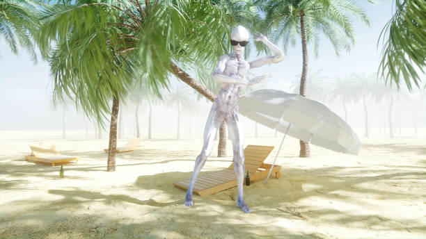 istock Funny astronaut dancing on sunny seaside. Tourism and rest concept. 3d rendering. 1253720528