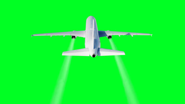istock Passenger flying Plane . Isolate green screen. . A condensation trail of an airplane. 3d rendering. 1253721334