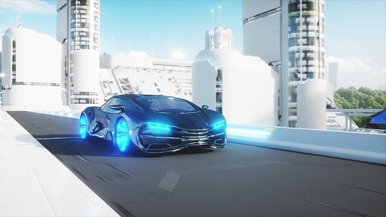 black futuristic electric car very fast driving in sci fi sity, town. Concept of future. 3d rendering