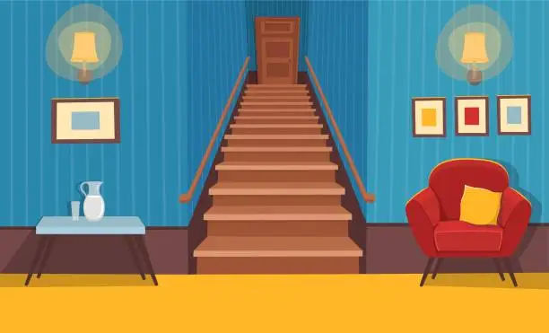 Vector illustration of Interior room with a stairs. Vector illustration of cartoon corridor.