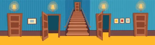 Vector illustration of Interior room with a stairs and doors. Vector illustration of cartoon corridor.