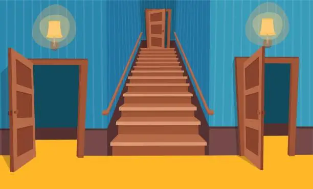 Vector illustration of interior room with a stairs and doors. Vector illustration of cartoon corridor.