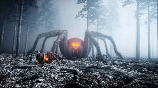Photo of scary gigant spider in fog night forest. Fear and horror. Mistic and halloween concept. 3d rendering.