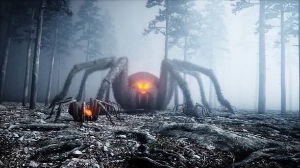 страшный гигант паук в тумане ночной лес. страх и ужас. mistic и хэллоуин концепции. 3d рендеринг. - mistic стоковые фото и изображения