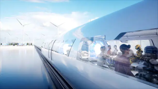 Photo of People and robots. Sci fi station. Futuristic monorail transport. Concept of future. 3d rendering.