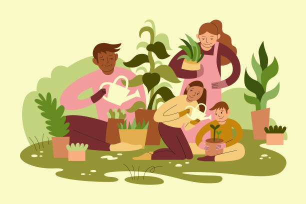 Mixed Race Family Gardening Together Mixed race family gardening together outside with plants, pots and watering cans diverse family stock illustrations
