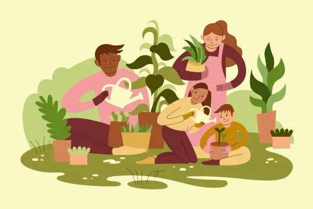 Vector illustration of Mixed Race Family Gardening Together