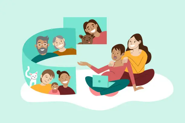 Vector illustration of Multi-Generational Mixed Race Family Connecting With Video Call
