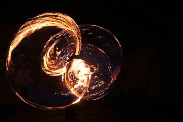 Spinning of an illuminated torch fireball at night by a fire artist