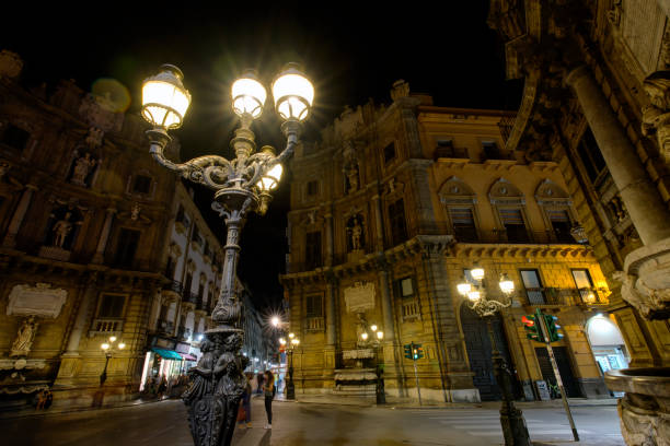 Palermo, Sicily, Italy - October 12, 2019: Four Corners of Palermo (Quattro Canti), officially known as Piazza Vigliena. North facade is in the center.