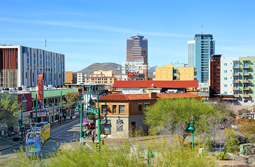 Tucson, Arizona, USA - March 1, 2019: Daytime view of Congress Street in the heart of the downtown district in the second most-populated city in Arizona