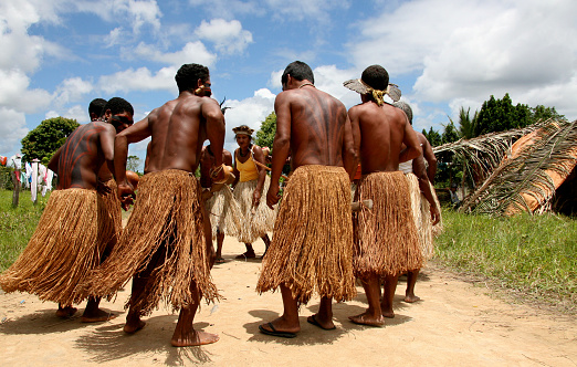 porto seguro, bahia / brazil - december 26, 2007: Indians of the Pataxo ethnicity are seen during traditional dance in a village in the city of Porto Seguro.\