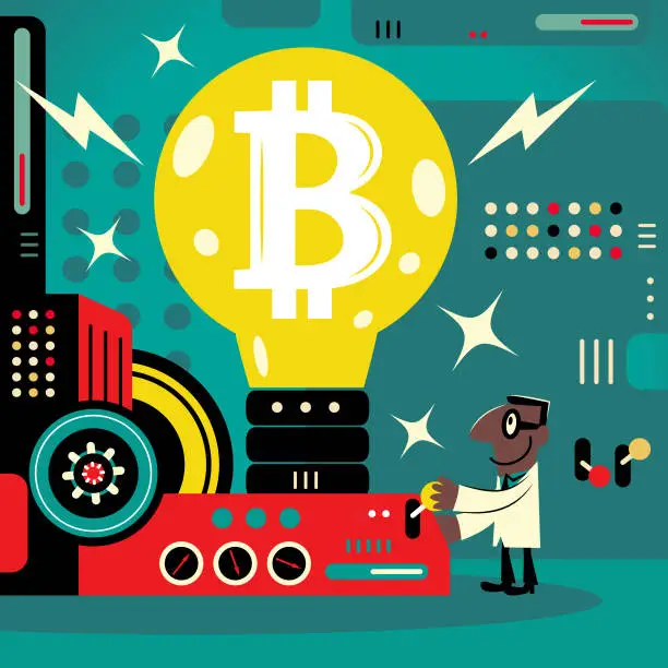 Vector illustration of African-American ethnicity engineers (computer programmer, data scientist, financial advisor) work in a factory that shows a big great idea light bulb with Bitcoin Cryptocurrency sign
