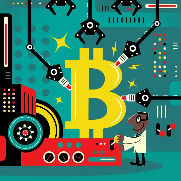 Vector illustration of African-American ethnicity engineers (computer programmer, data scientist, financial advisor) making a big Bitcoin Cryptocurrency sign symbol with robotic arm in a factory