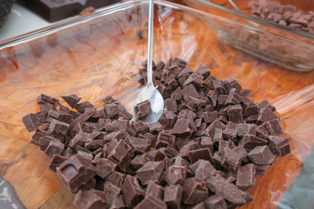 istock Chocolate chips for tasting, in a transparent glass dish. 1253762724