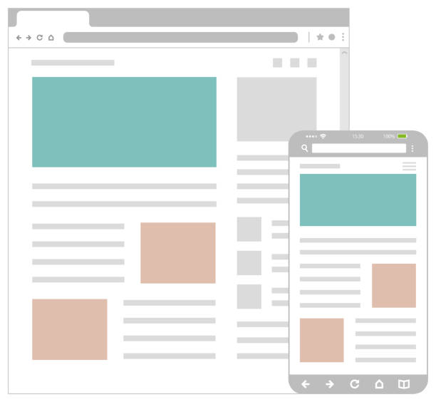 ilustrações, clipart, desenhos animados e ícones de ilustração do layout de wireframe de páginas da web / modelo de design da web para navegador pc , smartphone. - modelo de arames de página web