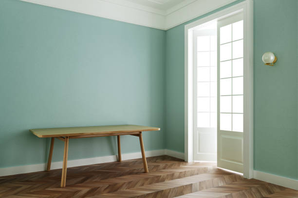 istock Interior room pastel green color,classic style with wooden table,studio mock up. 3D illustration 1253776299