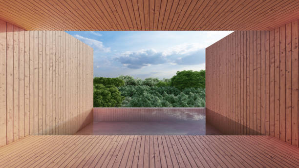 istock Private pool,view from room unit,wooden style,backround view is forest. 3D illustration 1253776887