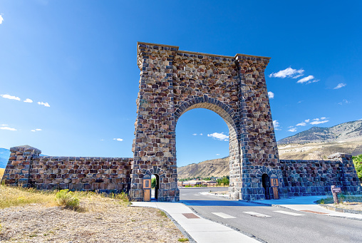 Roosevelt Arch at the north entrance of Yellowstone National Park in Gardiner, Montana.