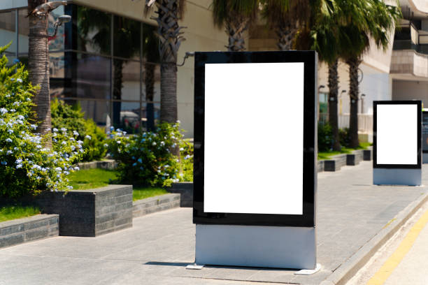 Street advertising mockup template with copy space. Two outdoor commercial banners with white empty display on the day street Bus, Street, Road, Italy, Billboard billboard posting stock pictures, royalty-free photos & images