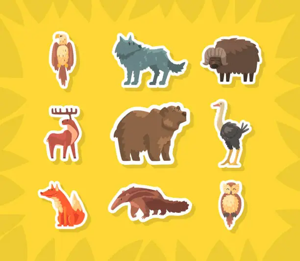 Vector illustration of Cute Wild Animals Stickers, Eagle, Wolf, Buffalo, Moose, Bear, Ostrich, Fox, Owl, Anteater Vector Illustration