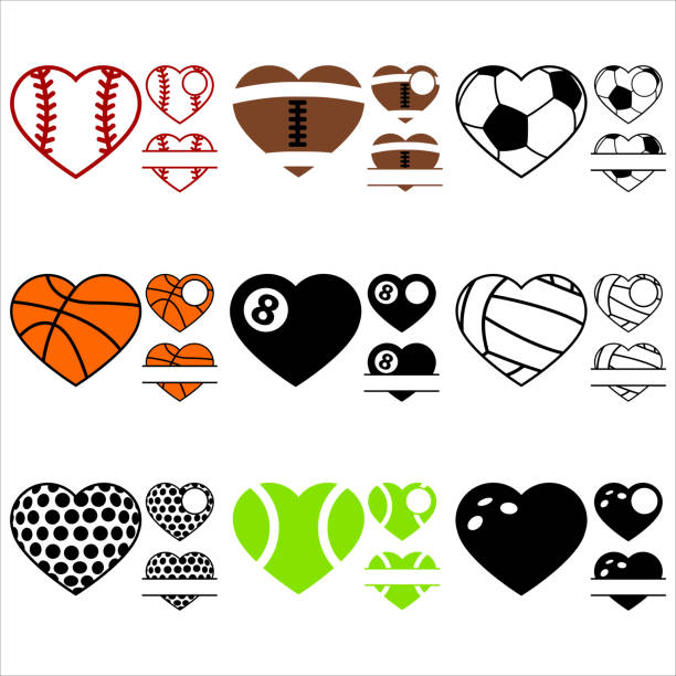 Bundle of sports hearts, baseball, american football, gridiron, basketball, billiard, pool, volleyball, golf, tennis, bowling ball set. Vector illustration, split name frames, circle monogram borders Valentine's Day card graphic or everyday design for sport lovers heart shaped basketball stock illustrations