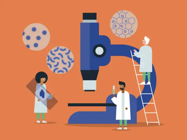 Vector illustration of Illustration of Medical Research Team Studying with Microscope
