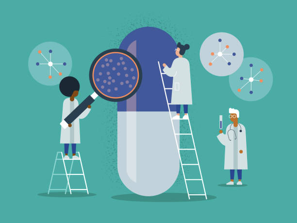 ilustrações de stock, clip art, desenhos animados e ícones de illustration of medical research team studying prescription drug - scientist research test tube lab coat