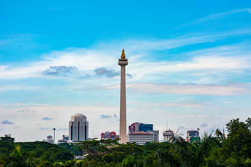 Jakarta, Indonesia - 19th February 2019: Frog eye view of Tugu Monas (National Monument) or National Monument in Jakarta, Indonesia.