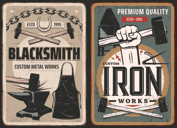 Vector illustration of Blacksmith work, steel metal forge retro posters