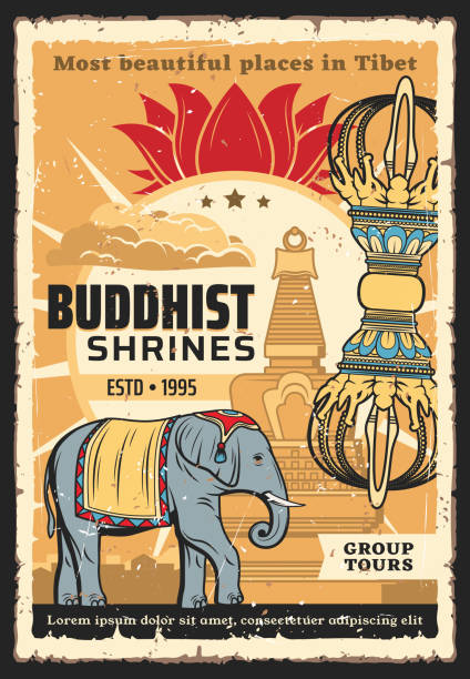 Buddhism religion vector poster, Tibet temples Buddhism religion vector posters, Buddhist Tibet temples and shrines, Tibetan religious tourism tours. Buddhist monks temples, stupa shrines and Buddhism symbols of white elephant and lotus flower dharma chakra stock illustrations