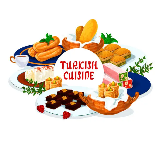 Vector illustration of Turkish cuisine food, dessert sweets menu meals