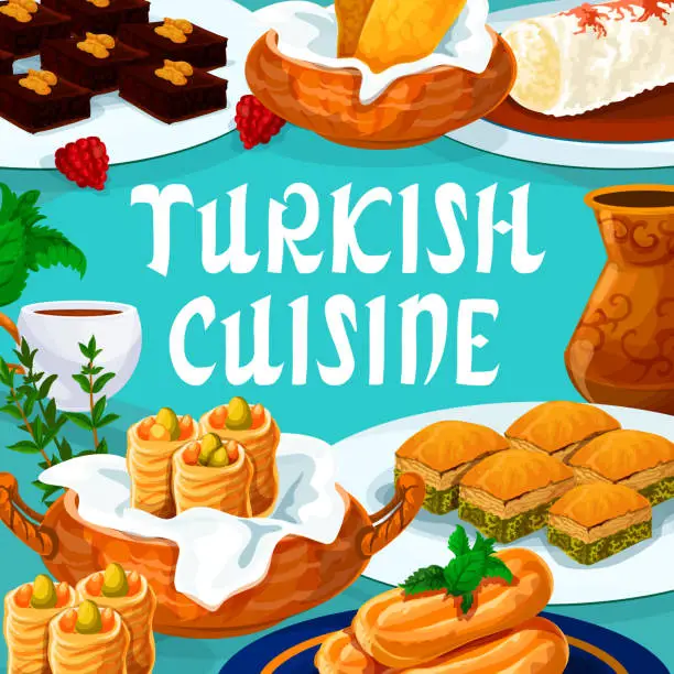 Vector illustration of Turkish cuisine food, Turkey sweet desserts menu