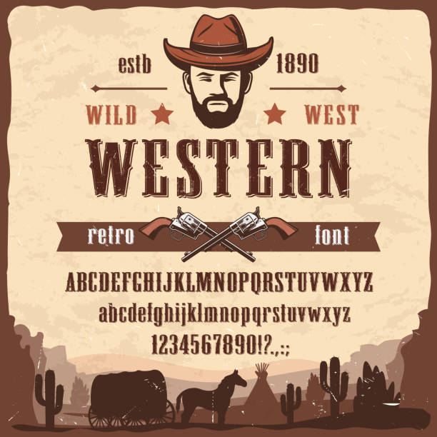 Western font type Wild West style letters, numbers Western font type Wild West style vector letters and numbers. Wester font letters, numbers and symbols, Wild West cowboy or sheriff pistols, stagecoach with horse and Arizona dessert cactus western stock illustrations