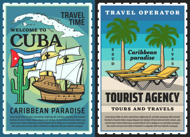Cuba travel posters, Havana Caribbean beach Cuba travel posters, Havana beach palms, Caribbean tropical tourism vector postcard. Welcome to Cuba tourist agency and travel operator, Cuban flag and map, Columbus ship and cactus columbus ohio sign stock illustrations
