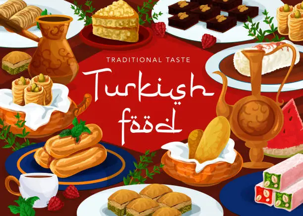 Vector illustration of Turkish cuisine desserts food menu, pastry sweets