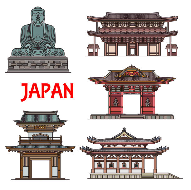 ilustraciones, imágenes clip art, dibujos animados e iconos de stock de templos japoneses, pagodas kamakura arquitectura - hase temple