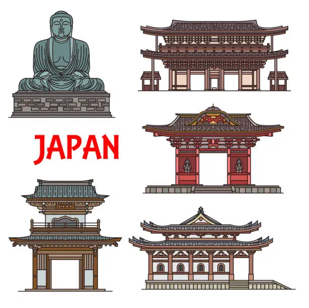 Vector illustration of Japanese temples, pagodas Kamakura architecture