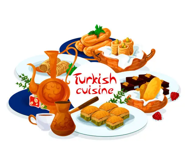 Vector illustration of Turkish pastry desserts, Turkey cuisine food menu