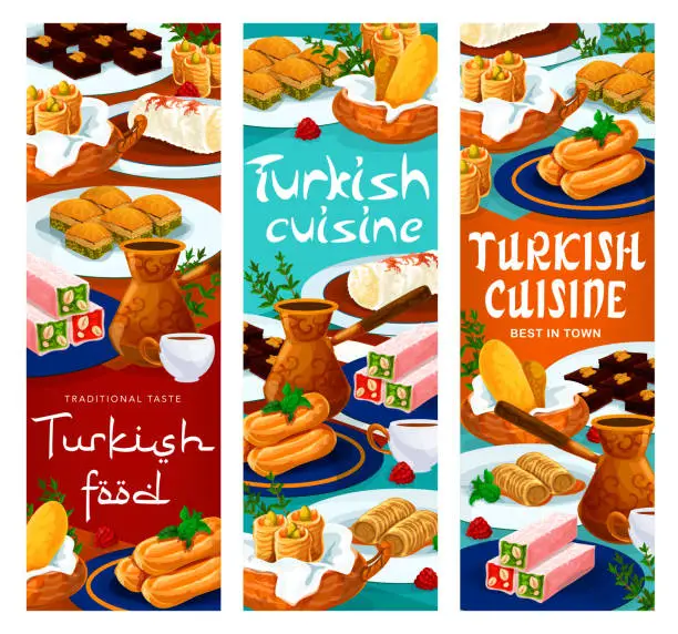 Vector illustration of Turkish food cuisine menu, desserts, pastry sweets