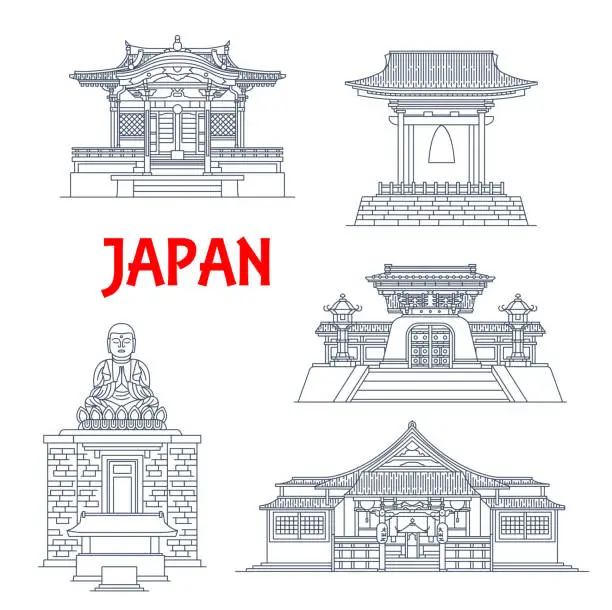 Vector illustration of Japan temples, Japanese pagoda buildings Kamakura